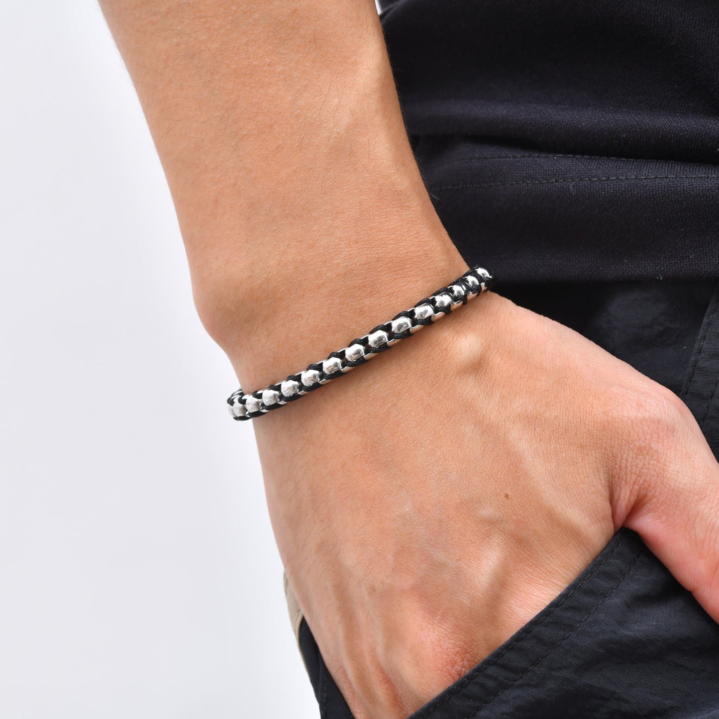 Kemston Stainless Steel Bead Rope Bracelet for Men Hip Hop Woven Chain Design BR-3170S