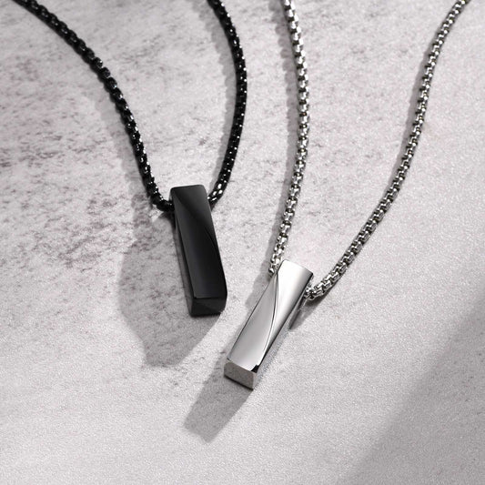 Mobius Bar Pendant Necklace for Men – Geometric Stainless Steel Amulet | Silver & Black PN-1830