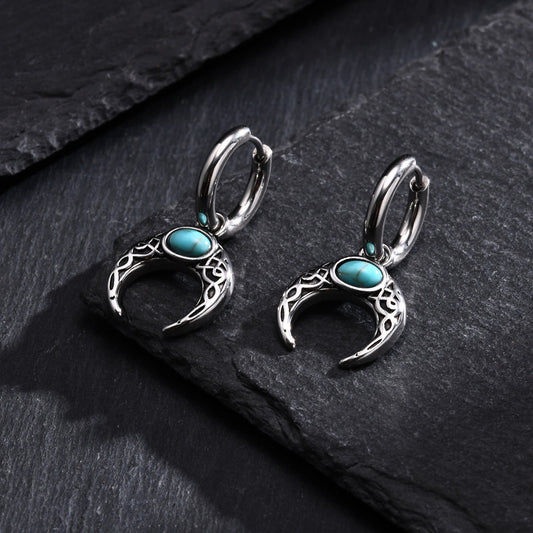 Kemstone Retro Turquoise Moon Men's Earrings - Stainless Steel Hip-Hop Statement Jewelry ED767