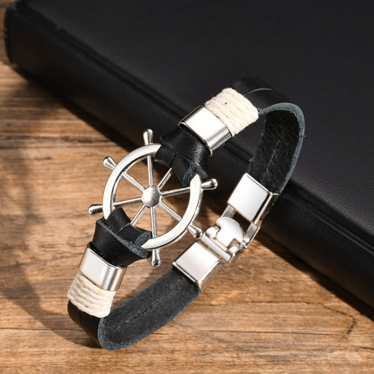 Kemstone Zinc Alloy Ship's Wheel Handwoven Bracelet - Bold Black Men's Urban Edge Accessory BL289