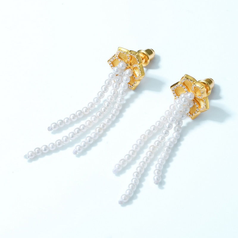 Kemstone Handcrafted Original Design Trendy Long Pearl Tassel Earrings - S925 Silver with 10K Gold Plating Dangle Earrings