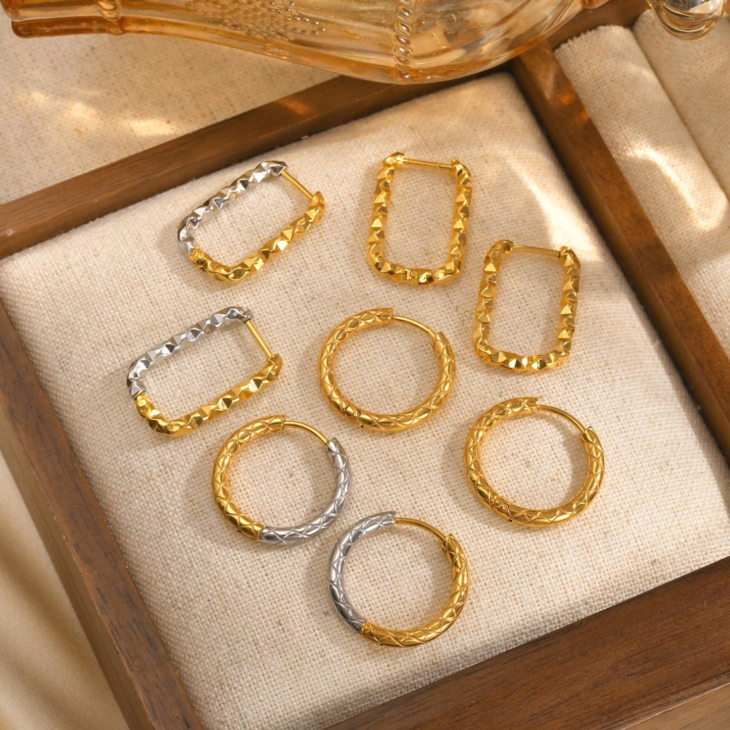 Elegantes pendientes geométricos de acero inoxidable con baño de oro bicolor para mujer EH-707