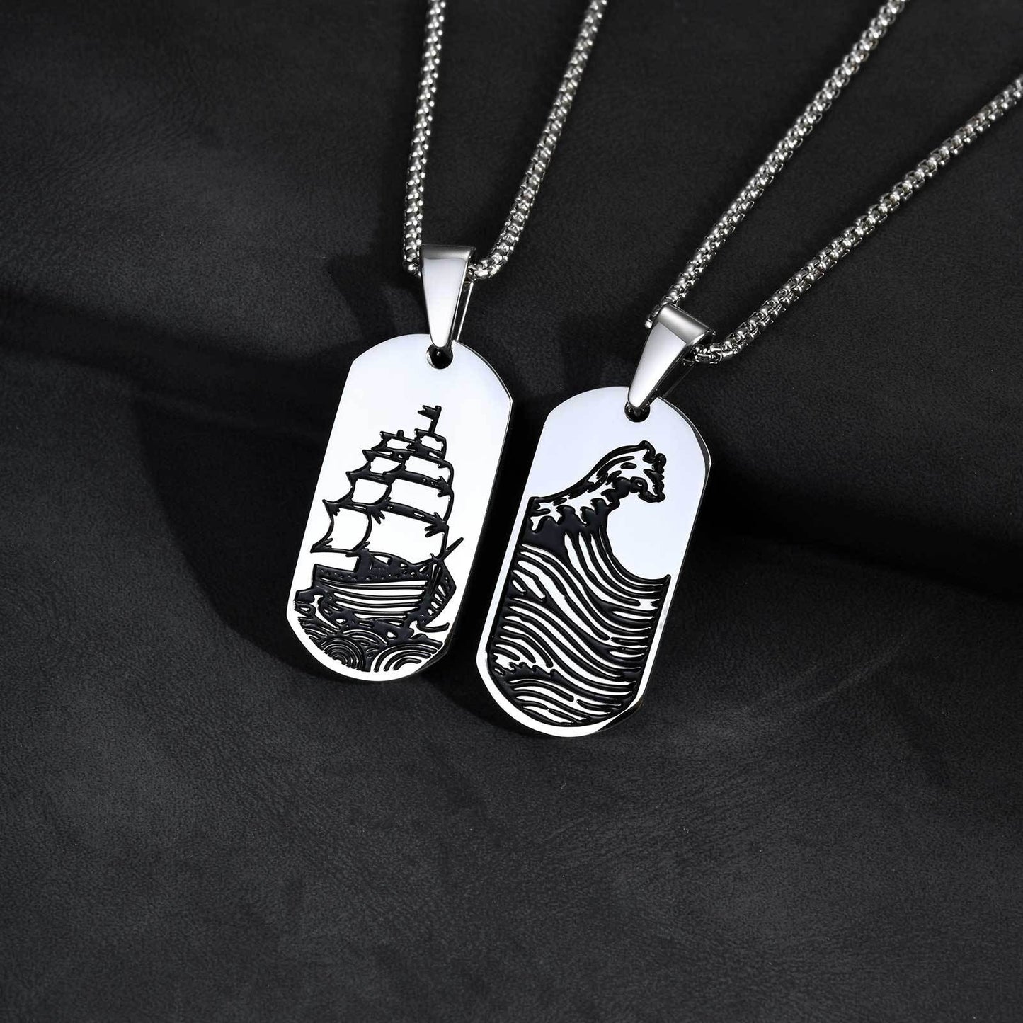 Stainless Steel Wave Tag Necklace – Black Etched Sailboat Pendant for Men PN-2168