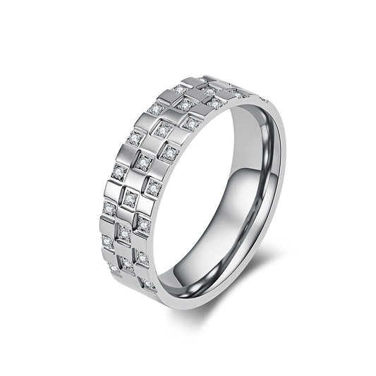 Kemstone Titanium Steel Grid Cubic Zirconia Ring Geometric Design for Men Women K-R743