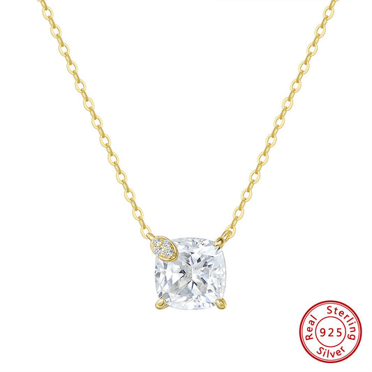 Kemstone 925 Sterling Silver Cushion Cut CZ Pendant Necklace for Women, 8mm Dainty Gold Plated Clavicle Chain A4-LZN29