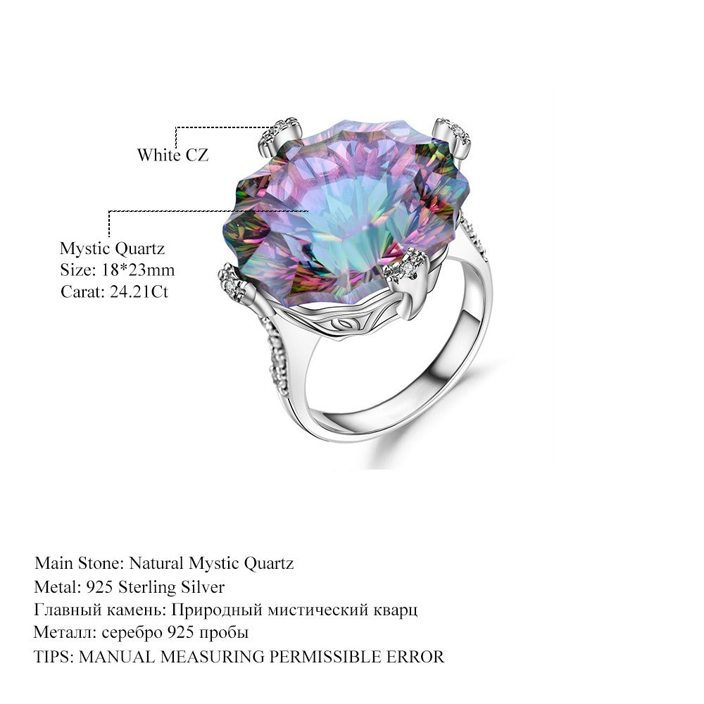 Anillo de plata de ley 925 con diseño original artesanal de Kemstone y cuarzo místico de 24,21 quilates. Diseño geométrico, engaste en garras y brillo vibrante. Joyería llamativa.