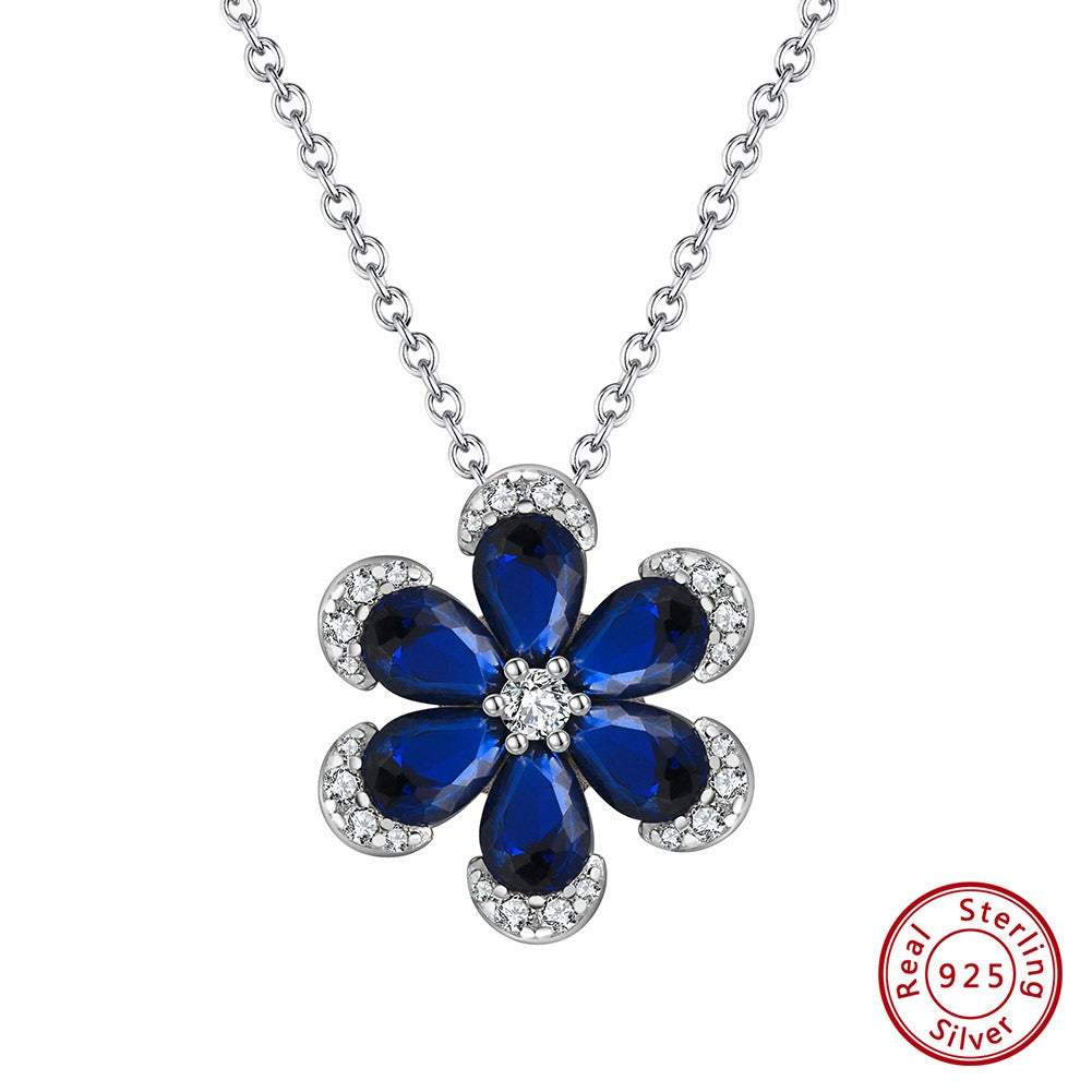 Kemstone Blue Flower Pendant Necklace for Women 925 Sterling Silver Cubic Zirconia Accent LZN17