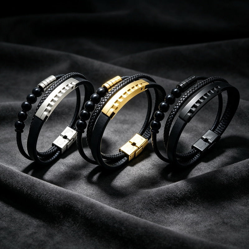 Kemstone Multi-Layer Braided Leather Bracelet for Men Beaded Titanium Steel KB147788-KLHQ
