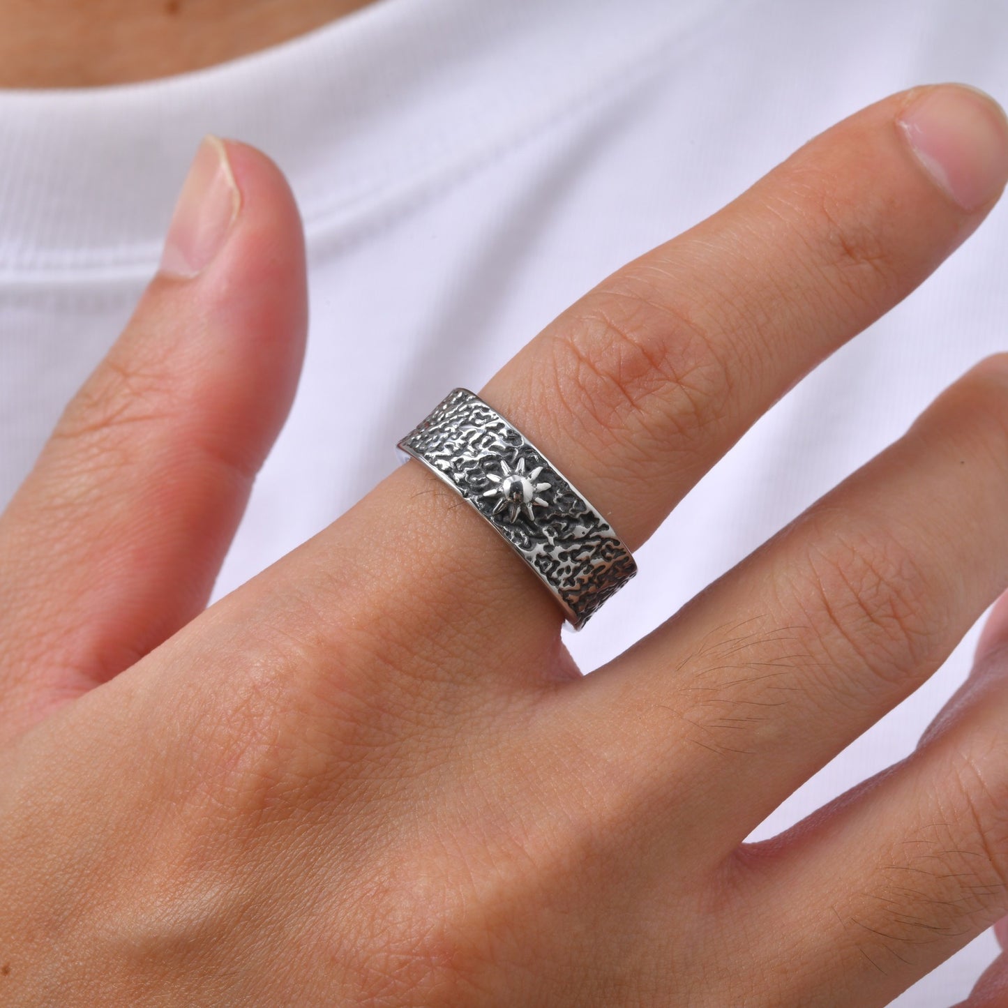Kemston Sun Moon Ring for Men Stainless Steel Textured Vintage RC-1146
