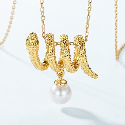 Kemstone Handcrafted Original Design Elegant Snake Pendant Necklace with Freshwater Pearl, S925 Sterling Silver for Women,18"