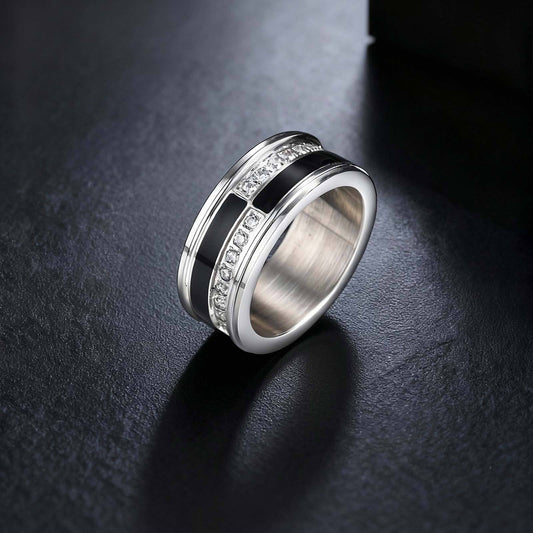 Kemstone Stainless Steel Men’s Black and White Cubic Zirconia Ring – Modern Design RC-970