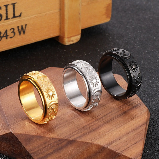 Kemstone Rotating Celestial Ring - Minimalist Titanium Steel Sun Moon Stars Finger Jewelry for Men, Stress Relief & Stylish Everyday Accessory KR105136