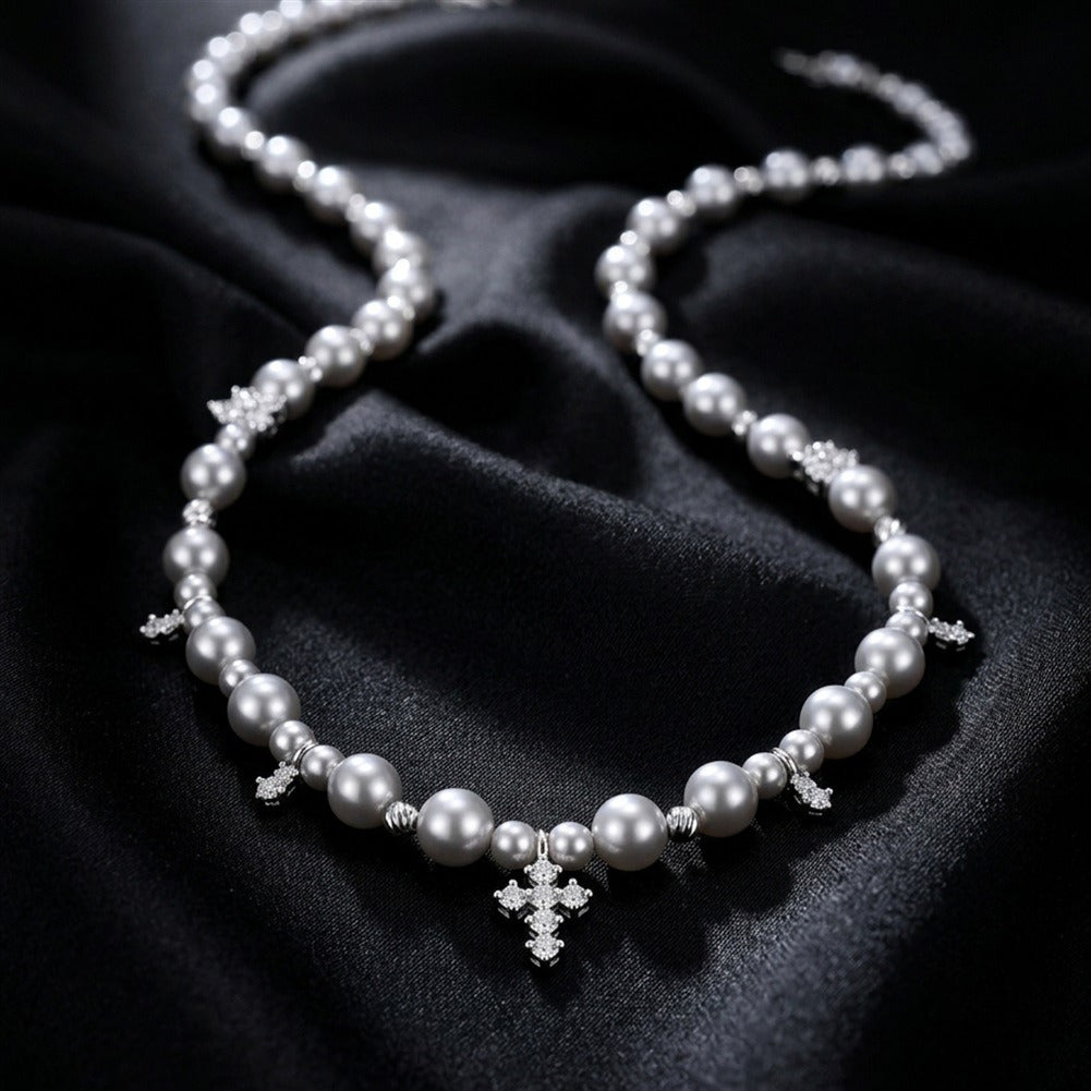 Kemstone Shell Pearl Cross Charm Necklace for Women 925 Sterling Silver PSN16