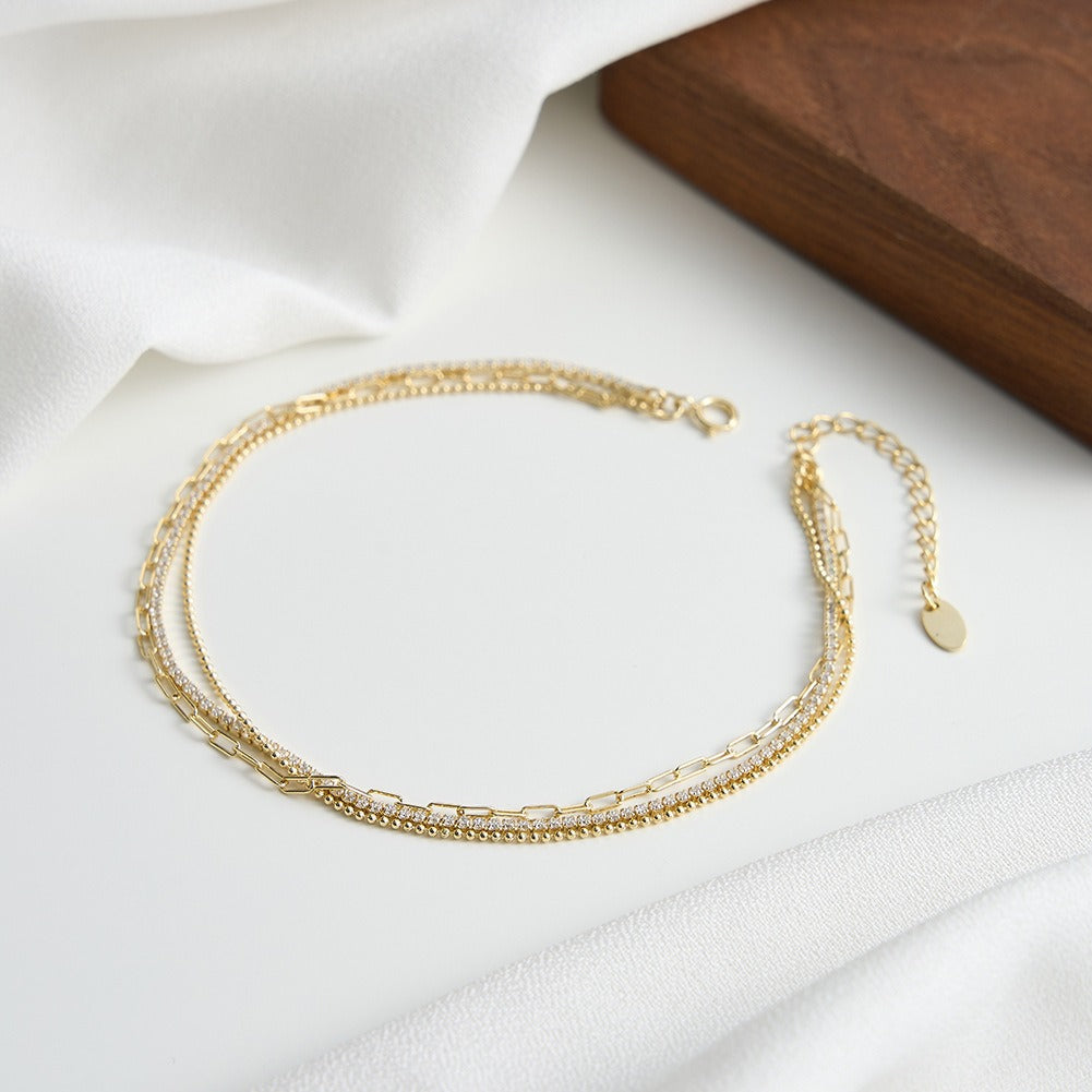 Kemstone 925 Sterling Silver Layered Tennis Anklet for Women Multi Chain Gold Silver SA104