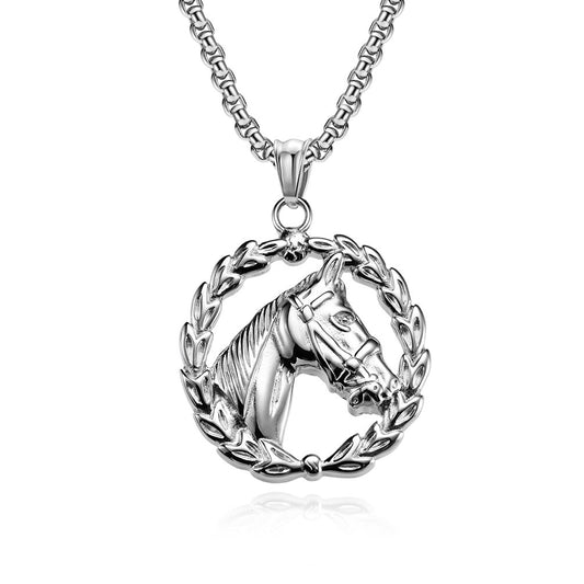Kemstone Stainless Steel Horse Head Wreath Pendant Necklace for Men - Vintage Style K-PT448