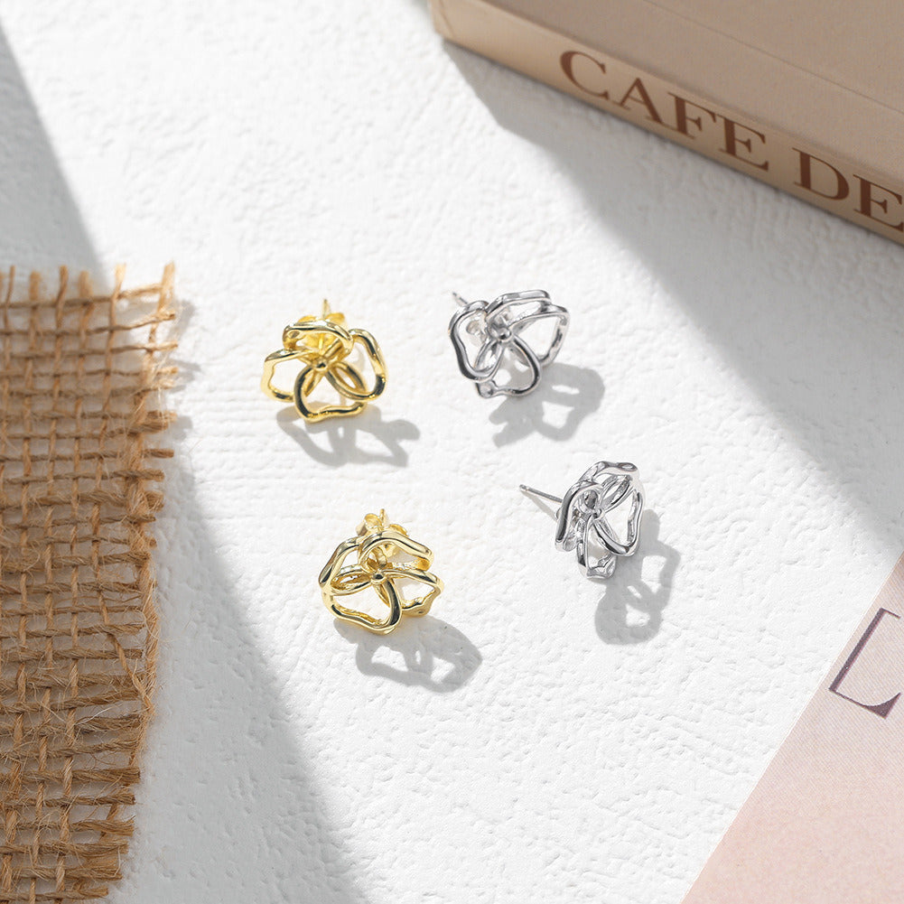 Leaf Stud Earrings – 925 Sterling Silver Gold Minimalist Floral Jewelry, Handmade Lucky Clover Hollow Design for Women A4-GAE13