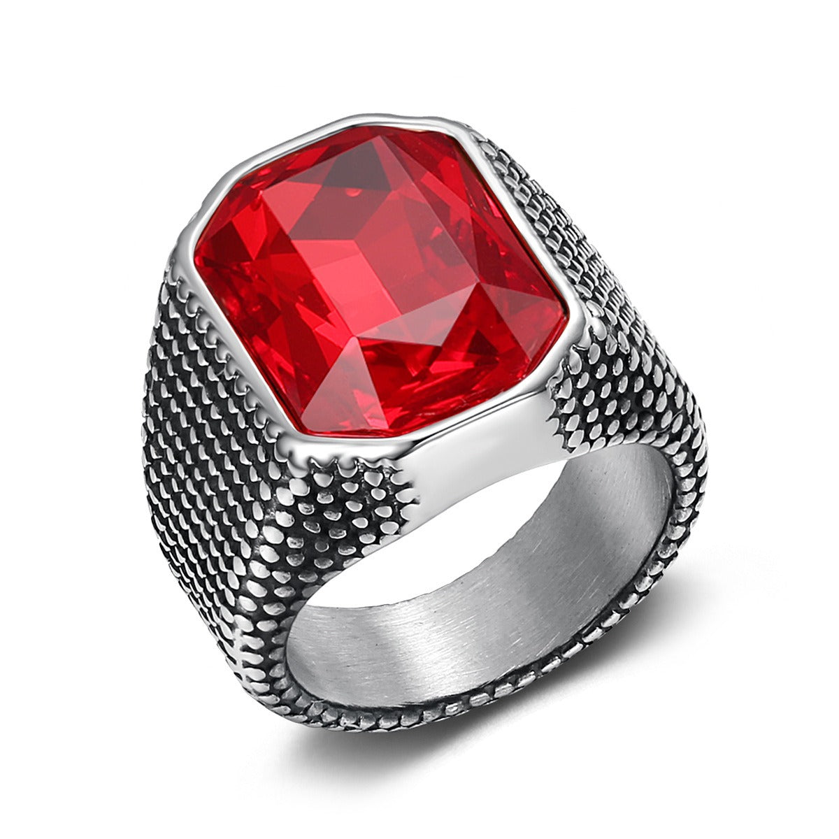 Kemstone Hip-hop Retro Distressed Zircon Men's Ring - Wide Band Stainless Steel Edgy Single Statement Piece TR0441