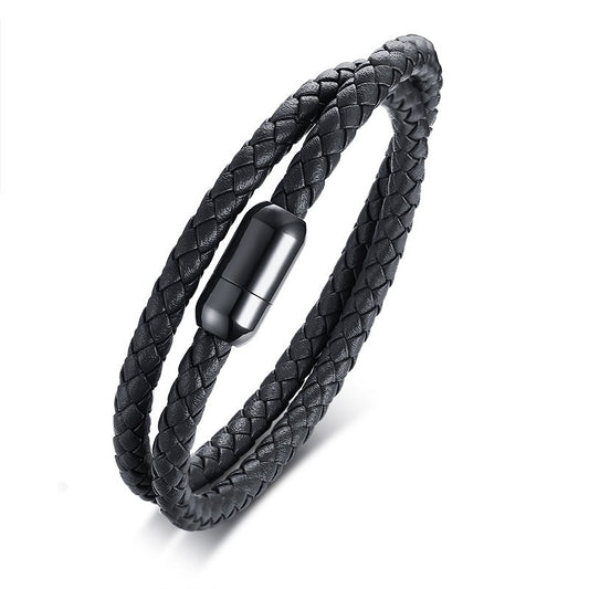 Kemstone 39MM Stainless Steel Two-Layer Black Leather Magnetic Clasp Bracelet for Men BL446