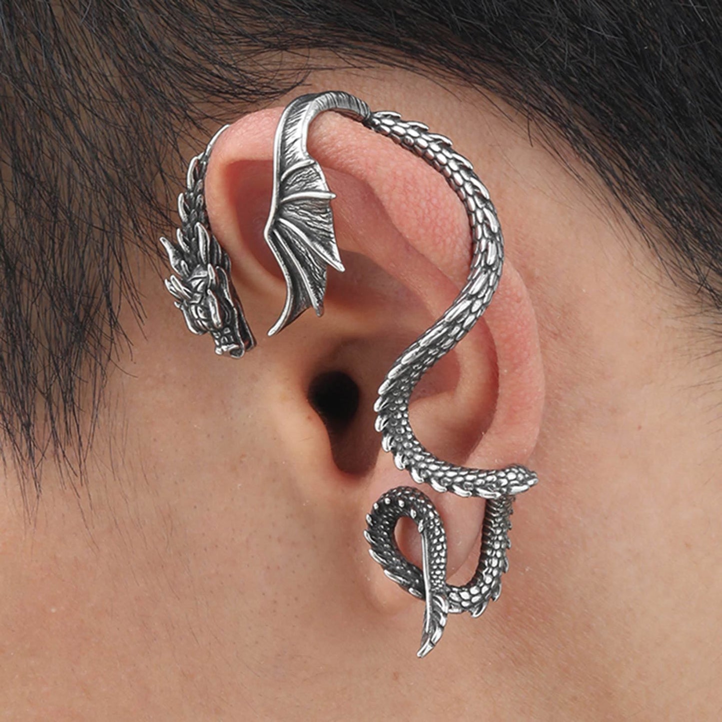 Gothic Dragon Ear Cuff for Men – Clip-On No Piercing Earring, Viking Style Snake Wrap Design ED-786