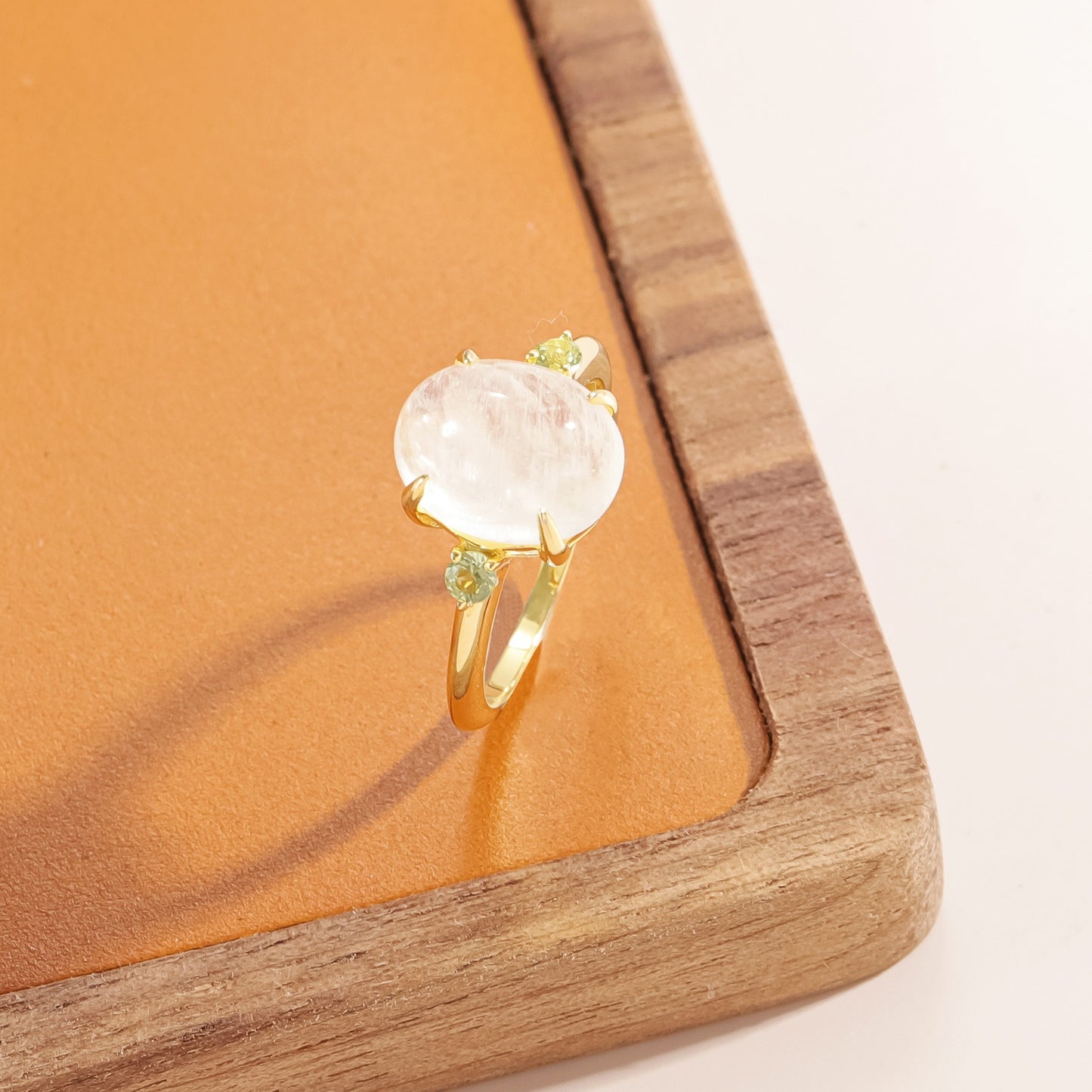 Kemstone Moonstone & Peridot Ring for Women – 4.7ct Natural Blue Moonstone, 925 Sterling Silver with 18K Gold Plating, Unique Handcrafted Design