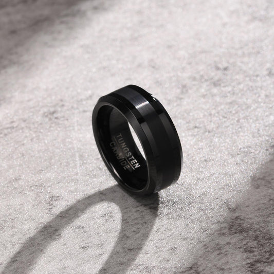 Tungsten Carbide Men's Ring – 8mm Brushed Band | Black & Silver Heavyweight Ring TCR-014