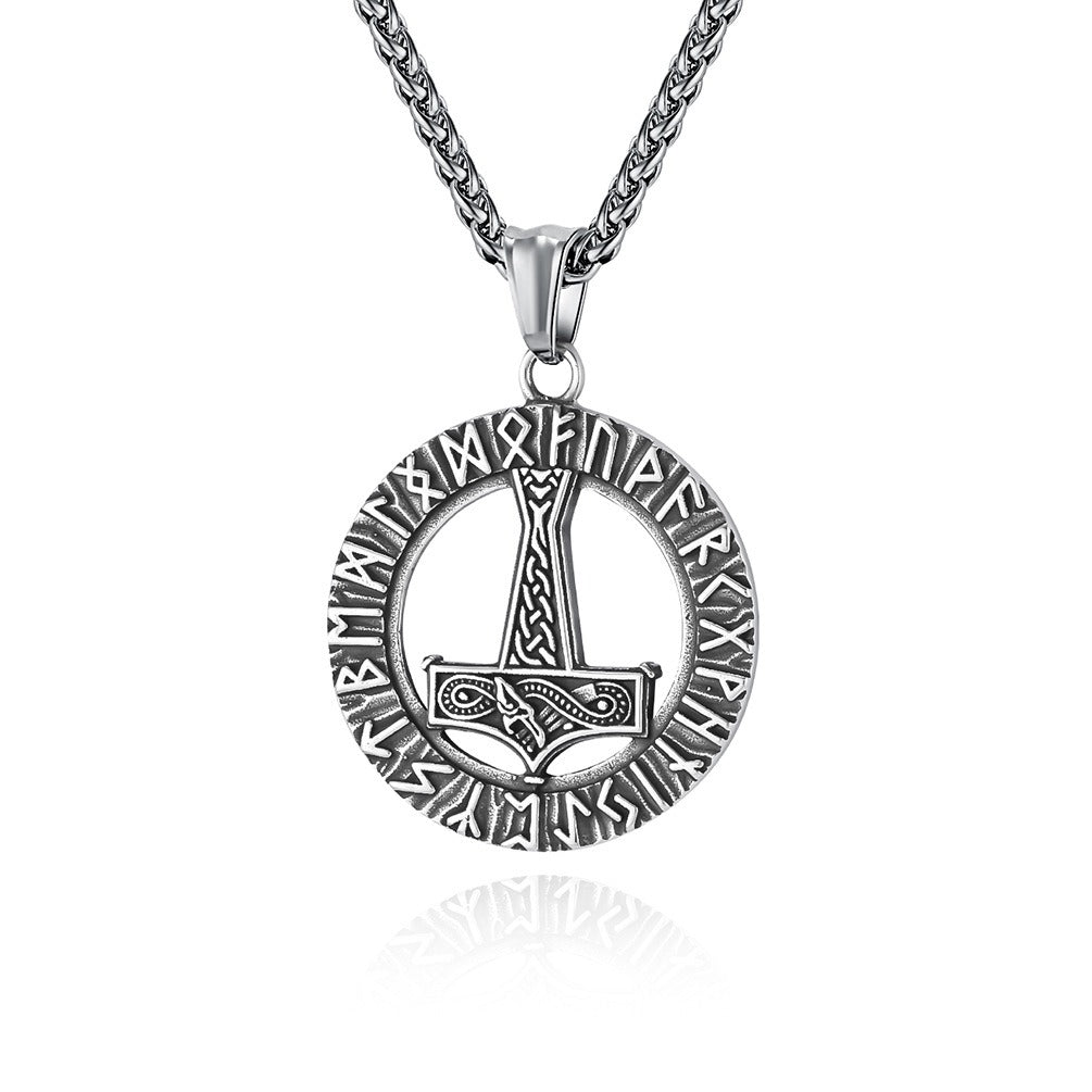 Kemstone Nordic Rune Hammer Pendant Necklace for Men Stainless Steel Engraved Vintage K-PT553