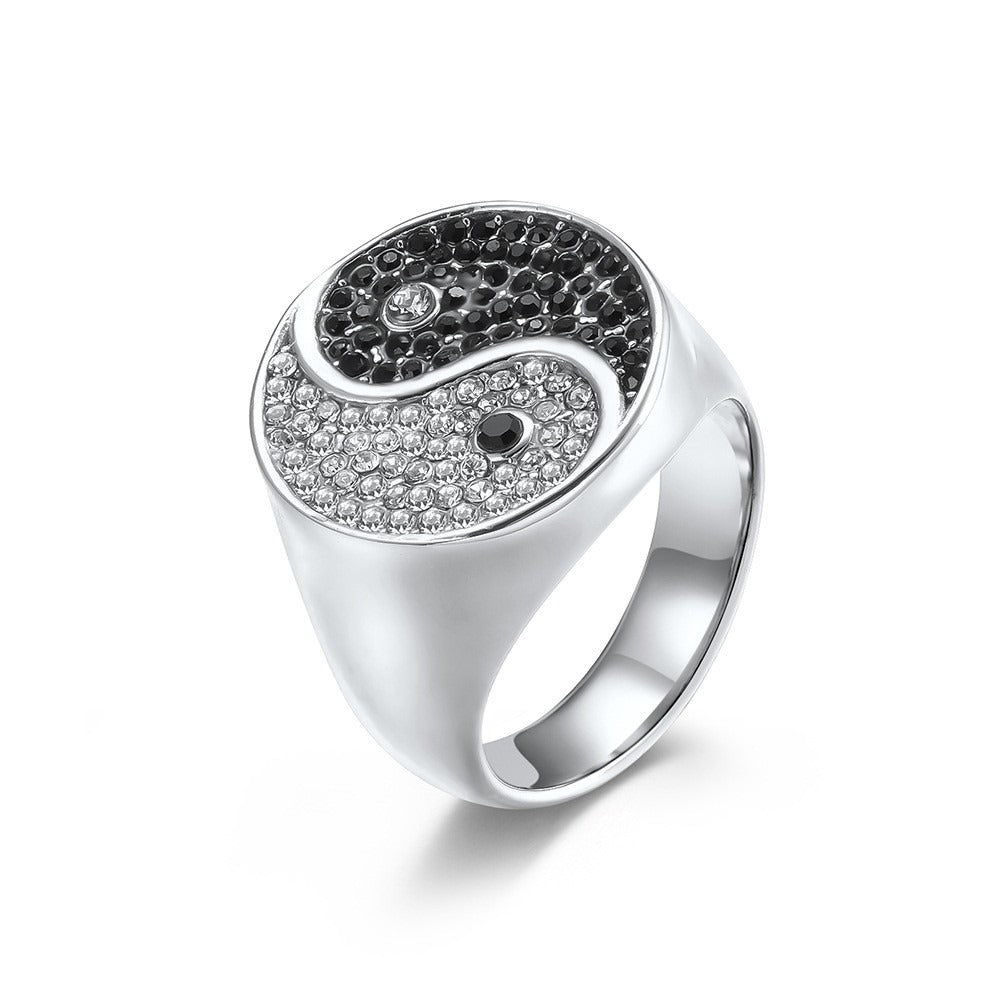 Kemstone Yin Yang Signet Ring for Men Stainless Steel Black White Stone K-R606