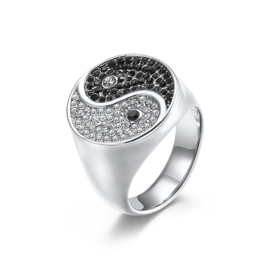 Kemstone Yin Yang Signet Ring for Men Stainless Steel Black White Stone K-R606