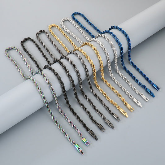 Kemstone Titanium Steel Rope Chain Bracelet & Necklace for Men – Hip Hop Twisted Link, 6 Colors KN299096-KFC