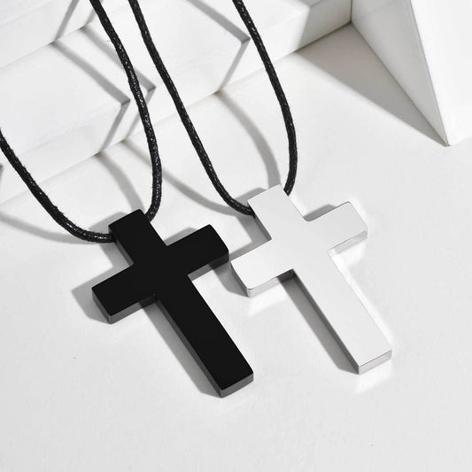 Kemstone Stainless Steel Cross Pendant Necklace for Men – Adjustable Wax Cord, Black Silver PN-020