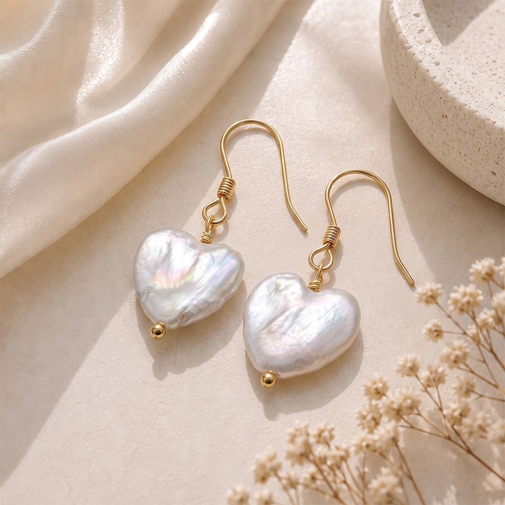 Kemston Baroque Heart Freshwater Pearl Drop Earrings for Women 925 Sterling Silver Gold Tone GPE142