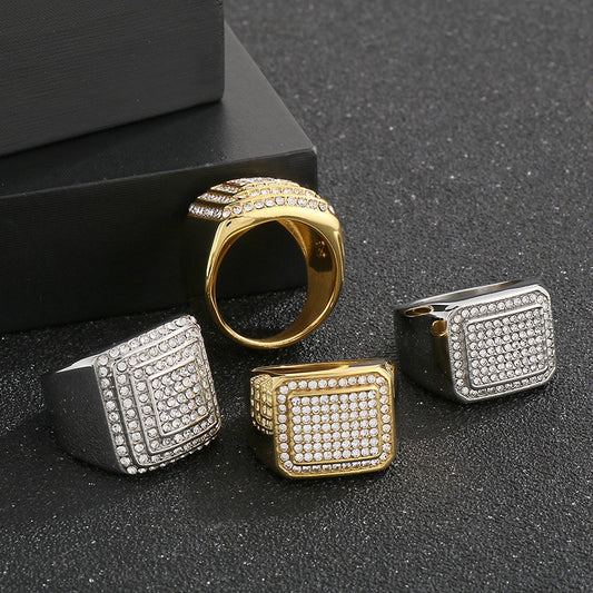 Kemstone Hiphop Square Statement Ring - Bold Full-Cut Crystal Design, Titanium Steel Men's Jewelry for Urban Edge & Stage Presence KR111021-MZO