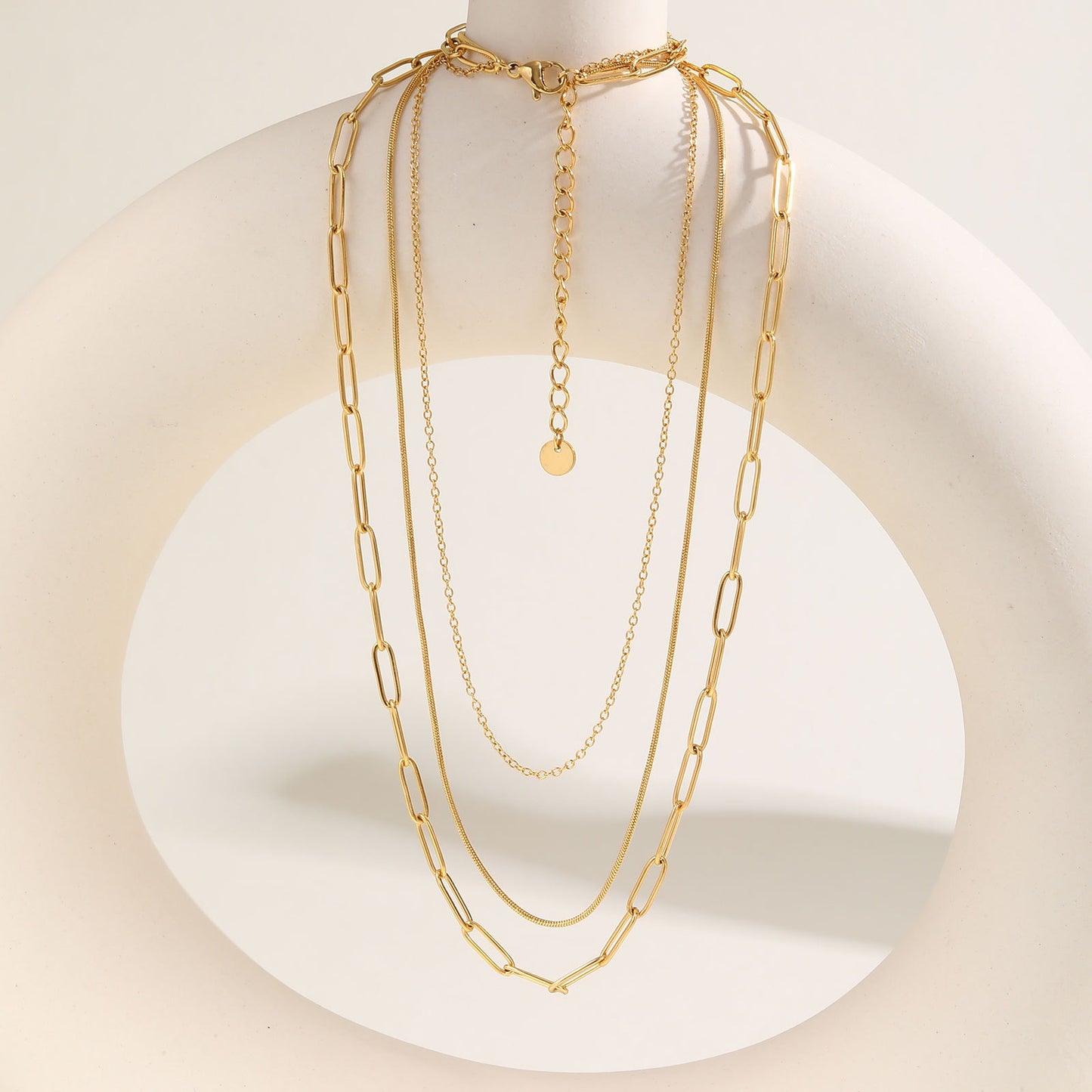 Triple-Layered Stainless Steel Necklace with Flat Cross, Snake & Square Chains – Modern Minimalist Jewelry for Women NC-1353