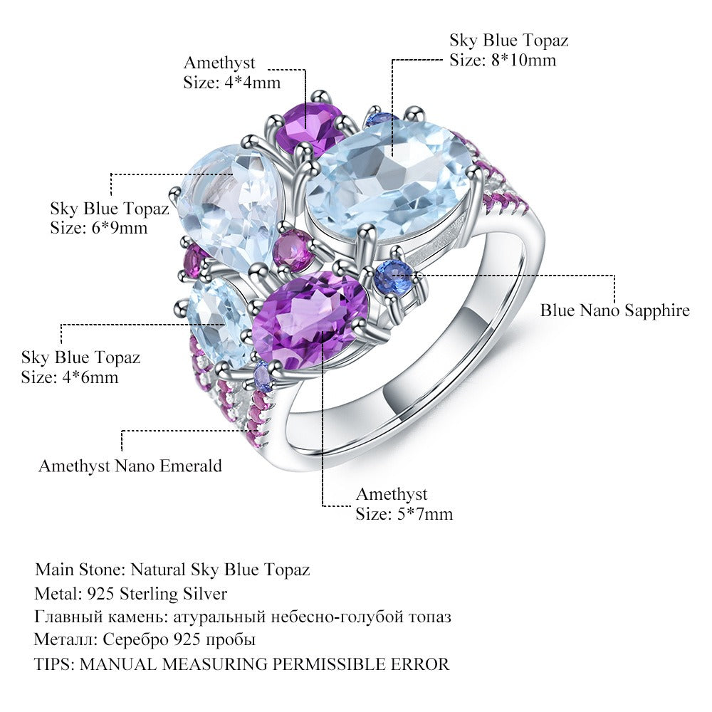 Anillo de cóctel de topacio azul cielo y amatista, diseño original artesanal de Kemstone, en plata de ley 925.