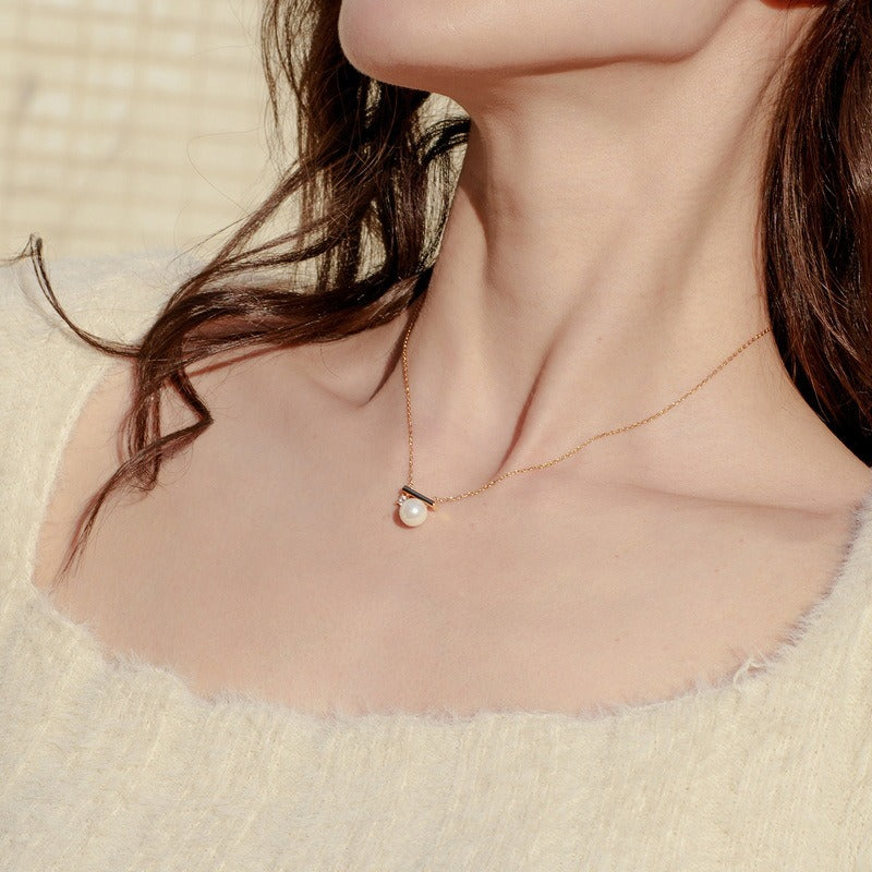 Kemstone Handcrafted Original Design Shell Pearl and Zircon Pendant Necklace, S925 Sterling Silver with 10K Gold Plating