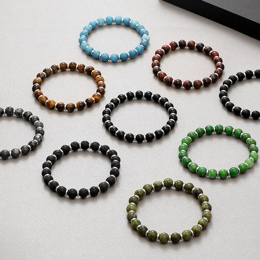 Handcrafted Volcanic Agate & Tiger Eye Beads with Stainless Steel Accents KB183238