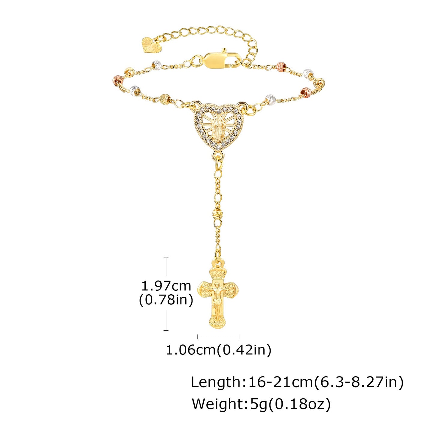 Vintage Copper Floral Bead Bracelet with Oval Madonna & Cross Charm – Faith-Inspired Jewelry for Women PBR-128