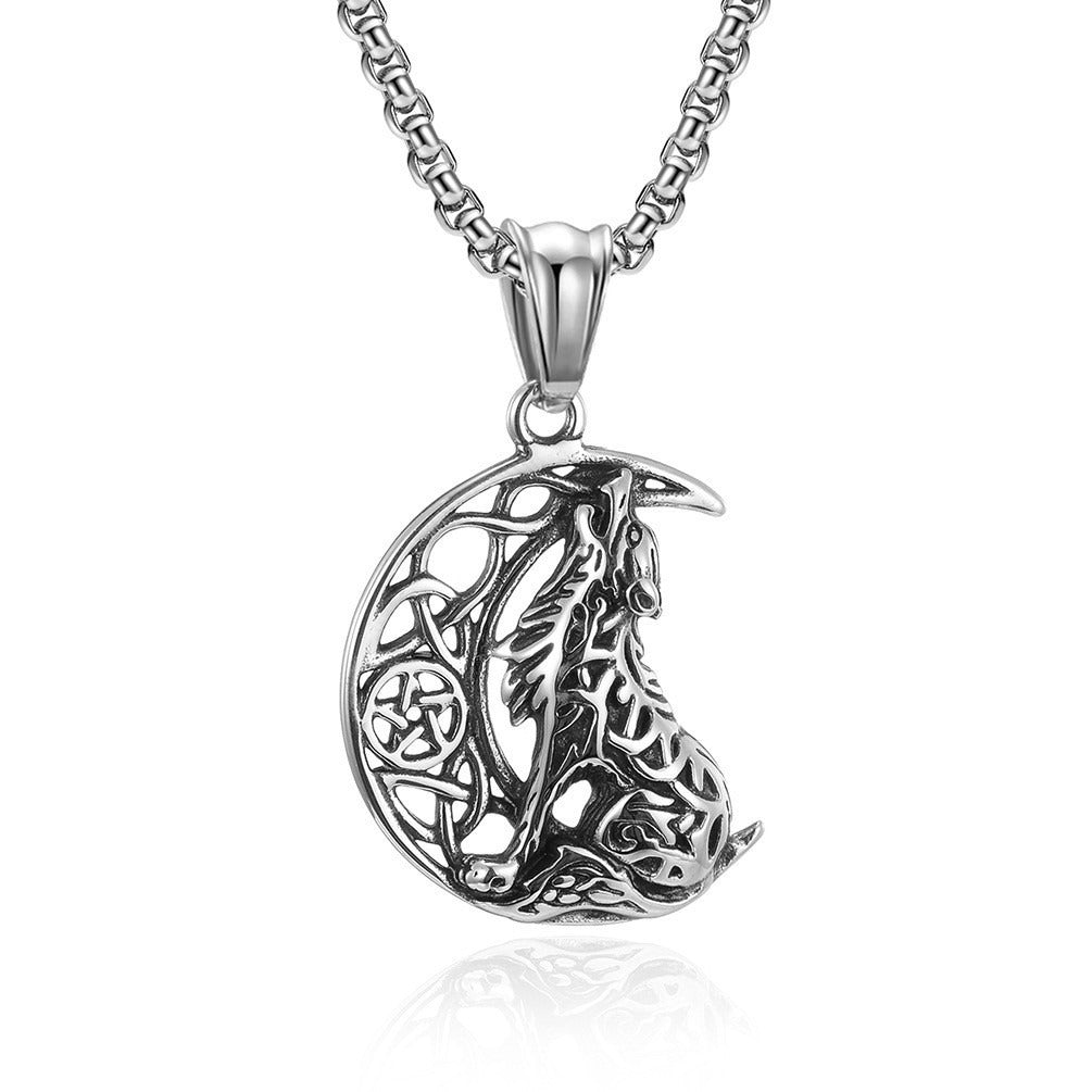 Kemstone Celtic Wolf Stainless Steel Pendant Necklace – Retro Moon Design for Men K-PT420