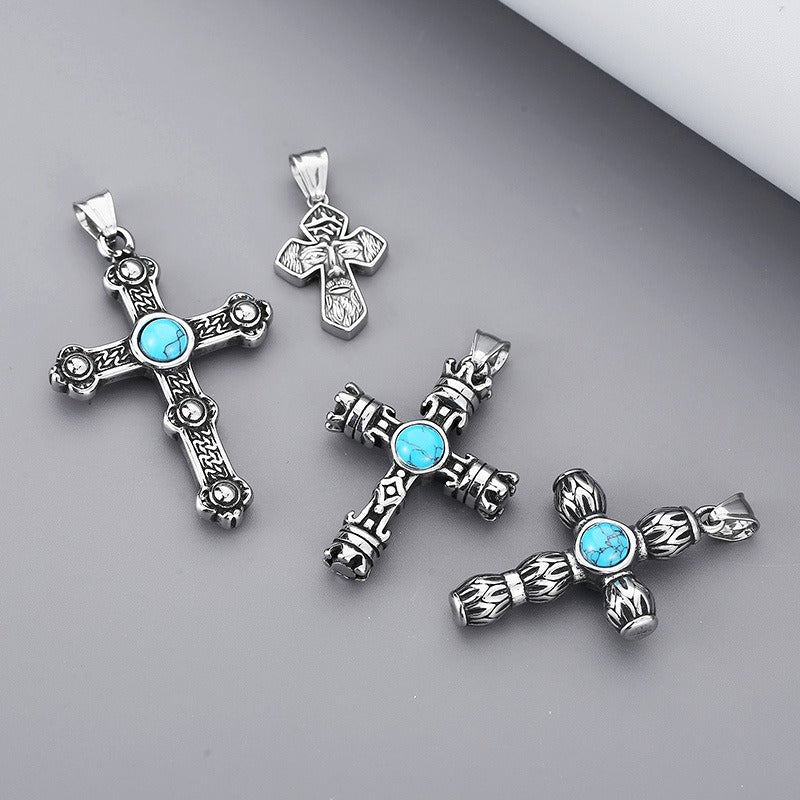 Kemstone Gothic Portrait Pendant – Titanium Steel Necklace with Crown & Turquoise Cross KP119878