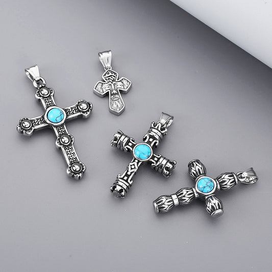 Ciondolo Kemstone in acciaio al titanio in stile vintage con croce e corona turchesi, design con ritratto forgiato a mano KP119878