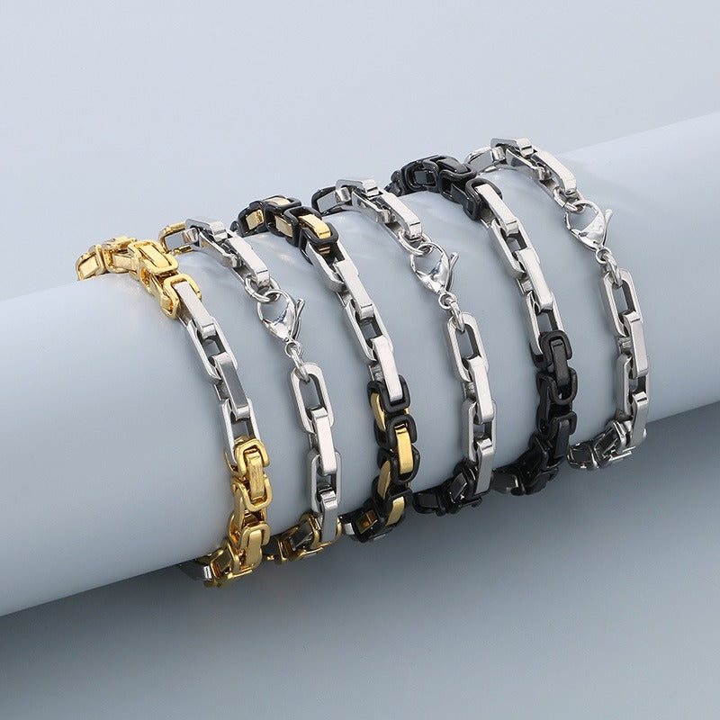Kemstone Rock-Edge Steel Plate Bracelet – 6mm Mixed Metal Chain for Men | Gothic Punk Streetwear Jewelry KB185313-Z