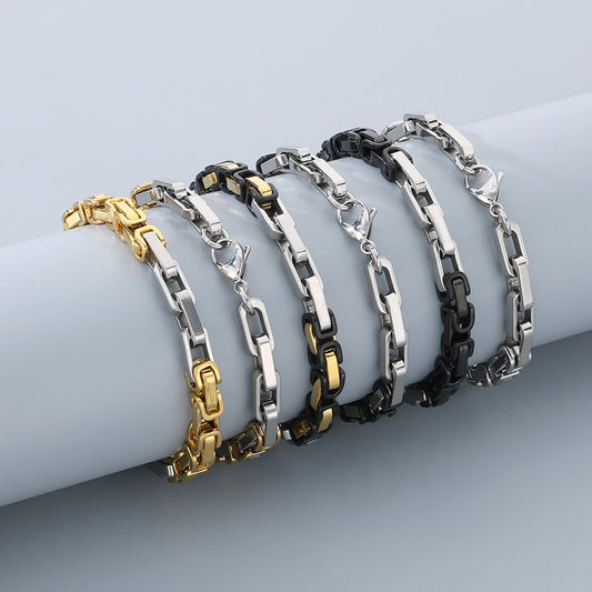 Kemstone Men's Rock-Edge Steel Plate Chain Bracelet - 6mm Raw-Texture Mixed Metal Links for Urban Streetwear KB185313-Z