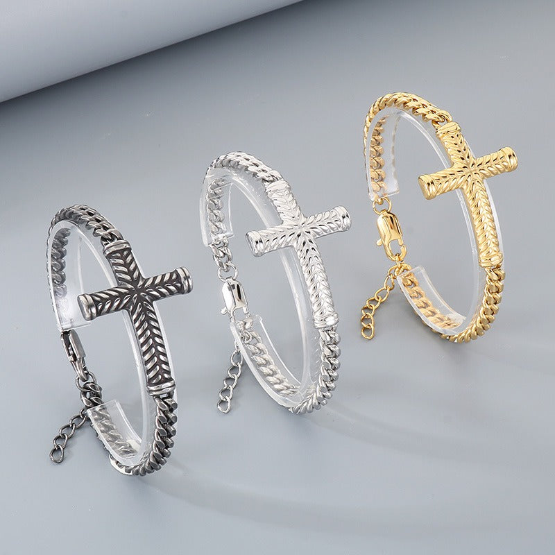 Kemstone Stainless Steel Adjustable Cross Cuban Link Bracelet for Men KB210837-KFC