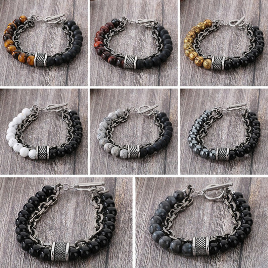 Kemstone Tiger Eye & Turquoise Beaded Bracelet - Vintage Map Stone with Double-Layer Steel Chain for Men KB182645