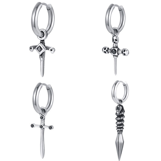 Men's Gothic Cross Hoop Earring – Stainless Steel Sword & Spear Designs ED-684