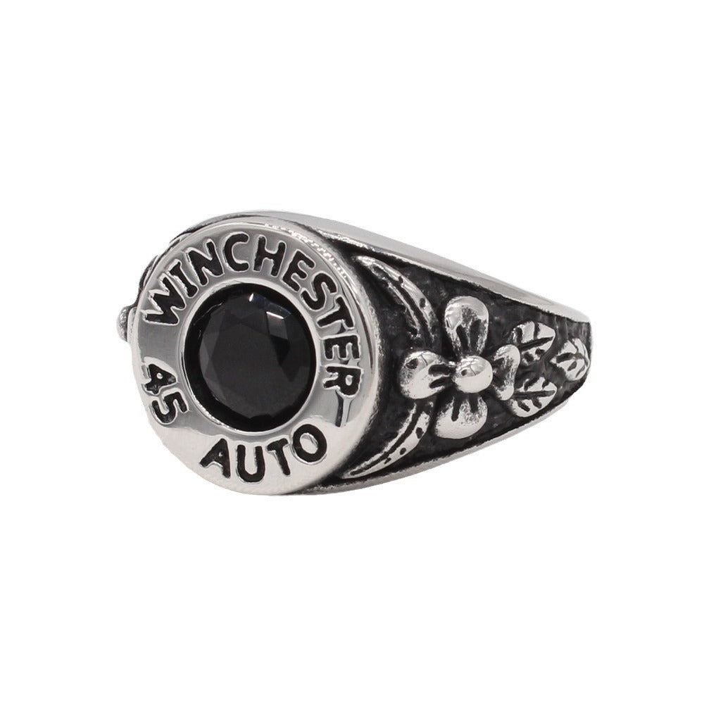 Kemstone Black Stone Signet Ring for Men Titanium Steel Vintage Rose Detail R1579