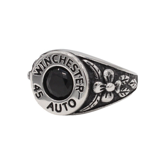 Kemstone Black Stone Signet Ring for Men Titanium Steel Vintage Rose Detail R1579