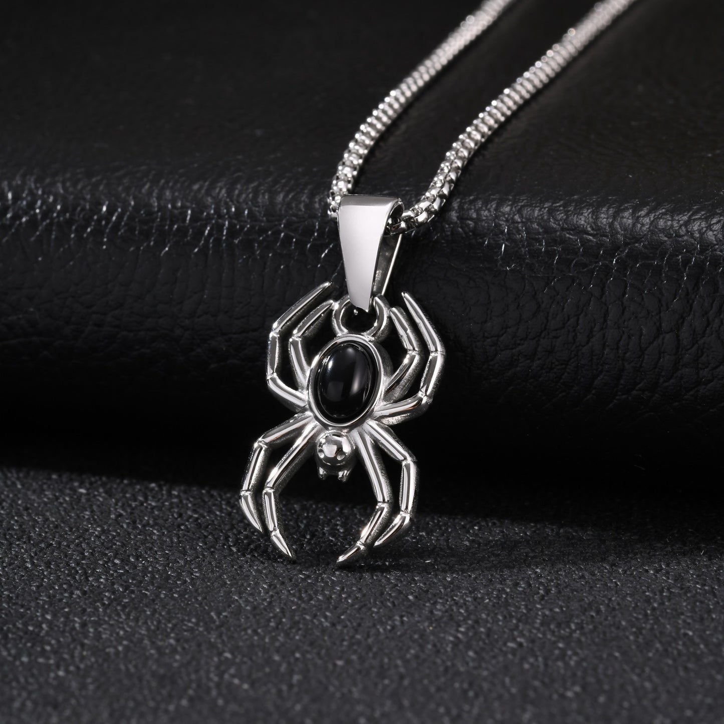Kemstone Black Agate Spider Pendant Necklace for Men Stainless Steel Gothic PN-2453