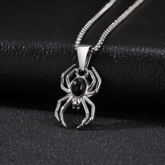 Kemstone Black Agate Spider Pendant Necklace for Men Stainless Steel Gothic PN-2453