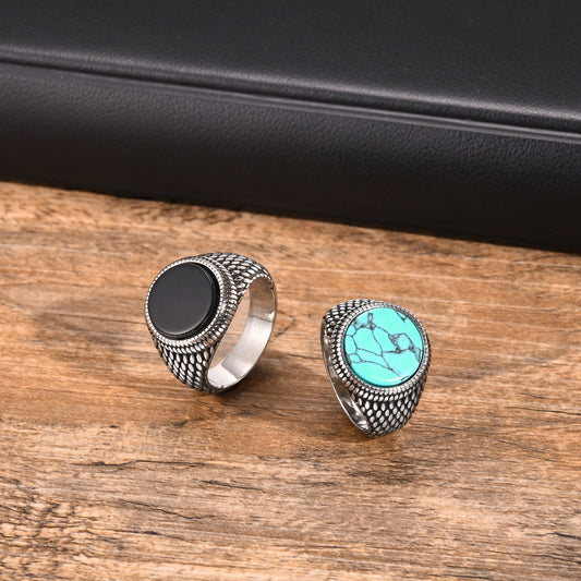 Men’s Stainless Steel Signet Ring – Natural Stone Seal Design  (Black Onyx / Turquoise / Tiger Eye) RC-685